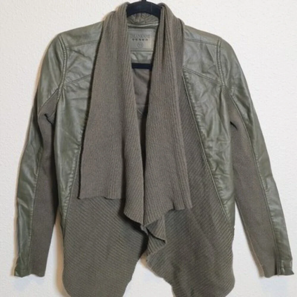 BLANKNYC Olive Green Faux Leather Knit Draped Open Front Moto Jacket XS - Picture 1 of 8